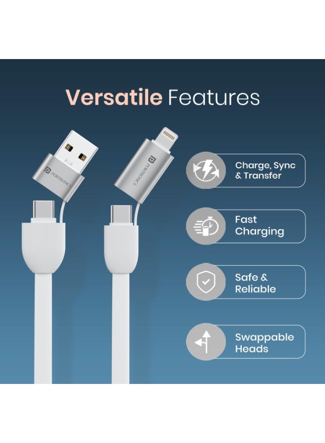 بورترونيكس Portronics Keylink 4 in 1 Multifunctional Fast Charging Cable With In Built KeyChain, 25cm Length, Tangle Free Flat Cable, Type C to Type C/Lightening, USB A, Fast Data Sync (White) - Image 2